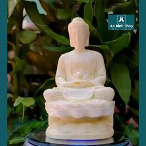 Tượng Phật A Di Đà bưng ngọc ngồi tòa sen - chất liệu bột đá tổng hợp - trang trí tiểu cảnh trưng kệ bàn trà