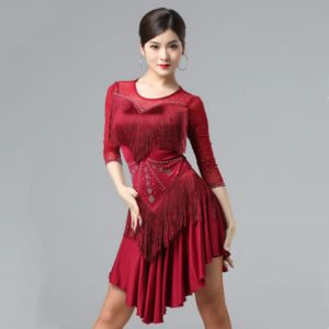 Latin Dance Dress Women One Piece Rhinestone Outfit Half Sleeves Front Fringes Diamonds