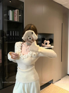 GUZILIAN | Korean Style Knitted Base Shirt Womens Inner Wear Red 3D Flower Design Autumn Winter Beautiful Sweater Top Fashion Commute