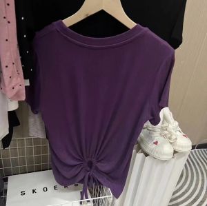 Fancy Hollow out Strap round Neck Shoulder Short T-shirt Female 2024 Summer Silm Elegant Short Sleeve Stretch Tops