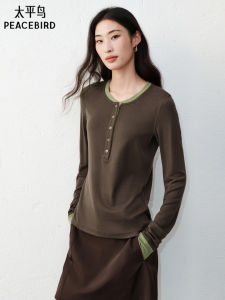 PEACEBIRD | Fashion Contrast Collar Slim Long Sleeve T-shirt