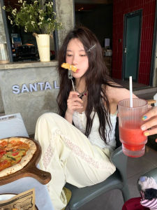 Cherry Blossom Colored Casual Pants Womens Loose Wide Leg Long Pants Summer New Style Lace Splicing Slimming Cool Sensation