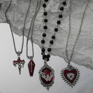 Gothic style red cross bat heart-shaped eye pendant necklace personalized and trendy Y2K retro necklace Halloween party jewelr