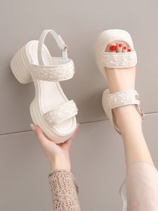 New Womens Thick Heel Sandals Summer Outdoor Wear Soft Bottom Platform Casual Slippers round Toe High Heel PU Material