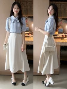 Blue White Shirt And Dress Professional Two-Piece Set for Women Summer Interview Formal Wear College Student Defense Dress Suit