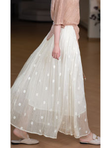 XIAOER | Heavy Embroidery Polka Dot Lightweight Chiffon Natural Crinkle Drawstring Lined Skirt