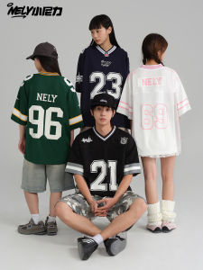 NELY American Hip Hop Olive V-neck Short Sleeve T-shirt Couple Matching Loose Fit Polyester Casual Top for Youth