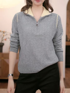 QINGNAER | Stylish Modern Gray Half-Zip Polo Neck Pullover Knitted Sweater