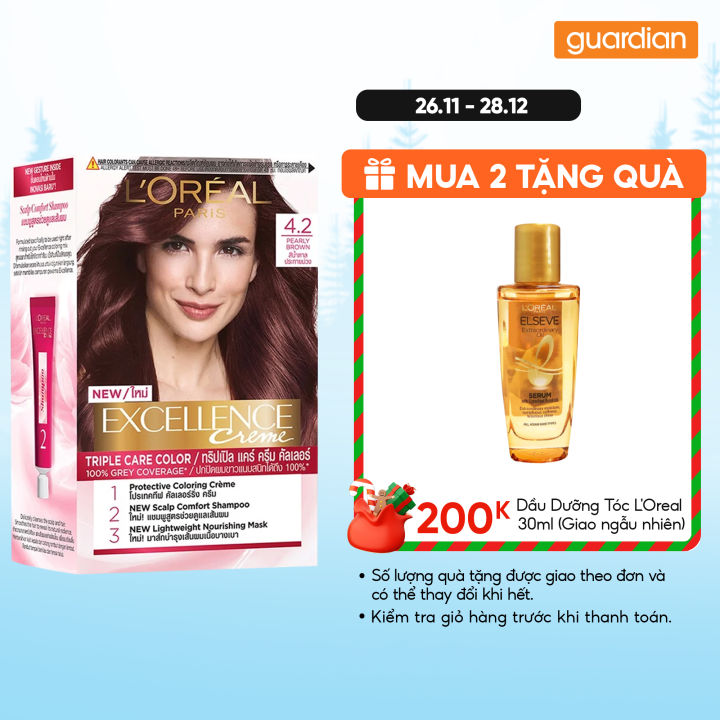 Kem Nhuộm Tóc Phủ Bạc L'oreal Paris Excellence Creme 4.2 Pearly Brown Màu Nâu Ánh Tím 172ml