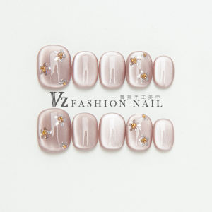 ทำด้วยมือเพียว สีขาว ฟลอรัล เนล อาร์ต แคทอาย สีนู้ด สีชมพูเล็บปลอมแบบสั้น ปลายเล็บแบบสวมใส่ได้ คุณภาพระดับพรีเมียม ใช้งานง่าย