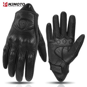 Mens Retro Perforated Leather Motorcycle Gloves Vintage Summer Motorcross Protection Hard Shell Cycling Biker mtb Moto Guantes