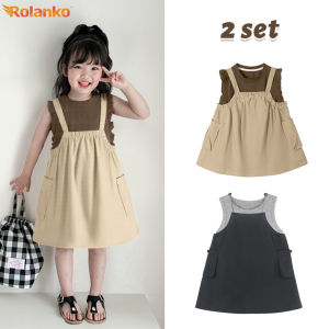 Rolanko 2Pcs Toddler Girl Overall Dress  Ruffle Sleeve Top Set  Summer Beach Girls Sundress Casual Wear 2-8 Years
