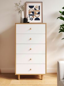 Modern Minimalist Nordic Natural Wood Color Five Drawer Chest Storage Cabinet for Bedroom And Living Room against Wall