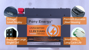 Pony Energy 12V 314Ah 4019Wh แบตเตอรี่ LiFePO4 พร้อมระบบ BMS (200A) และหน้าจอแสดงแรงดัน ตัวเรือนสแตนเลส เชื่อมต่อแบบอนุกรมได้ ใช้เซลล์เกรด A อายุการใช้งาน 10000+ รอบ