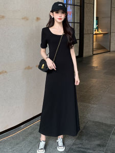 Loose Womens Long Dress Square Collar Casual Korean Style A-Line Skirt High Waist Cotton Blend Elastic Fiber Short Sleeve
