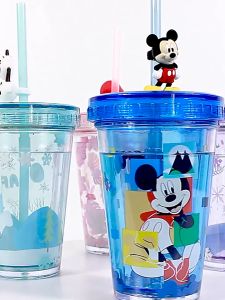 Disney Tumbler Plastic Water Mug with Straw Frozen Little Mermaid Ariel Bottle Cup with Glitter and Confetti