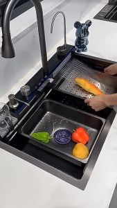 ES Kitchen Sink Bar Set Lengkap Black/Wastafel Stainless Steel Hitam 304 Dengan Kran Angsa Fleksible Indikator LED