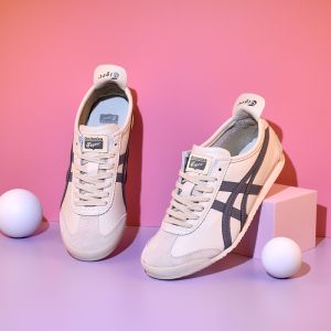 2024 Original Tiger Shoes Mens and Womens Classic MEXICO 66 Sports Shoes Anti Slip Versatile Casual Shoes Soft Fashion Leather Shoes Beige/Grey