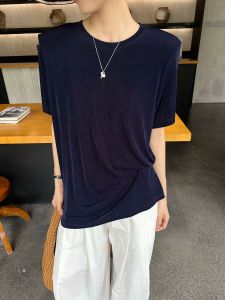 Modern Shoulder Pad Short Sleeve Acetate T-Shirt Womens Casual Simple Loose Top Summer New Style round Neck Pure Color