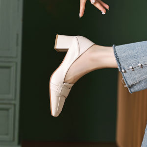 Soft Leather Slip-On Single Shoes Womens French Thick Heel Moccasins Light Brown Flat Head High Heel Shoes Fashionable And Elegant