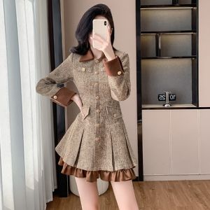 Khaki Color Tweed Dress Womens Autumn Winter French Luxury Single Button Color Block Skirt Elegant Lady Style Bell Sleeve Short Dress