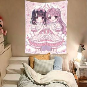 VIKAMA Anime Tai Thỏ Lolita Tấm Thảm Ngọt Ngào Manga Phong Cách Treo Tường Kawaii Nhật Bản Trang Trí Phòng Ngủ Phông Nền Polyester Không Dệt