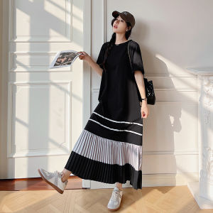 Loose Summer New plus Size Casual Slimming Color Block Pleated Skirt Short Sleeve Dress Women Comfortable Knitted Street Style H Version