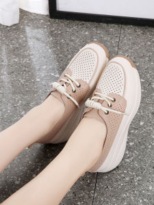 Casual Thick Heel Single Shoes Womens Spring Summer New Style Hollow out Anti-Slip Leather Shoes Slip-On Versatile Leisure Shoes