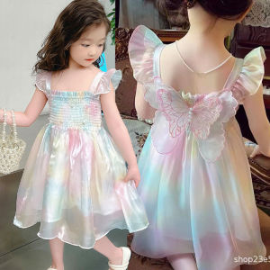 Summer Big Butterfly Decoration Princess Girls Dress Pearl Lace Mesh Gradient Rainbow Dress For 1-8 Years Old Kids