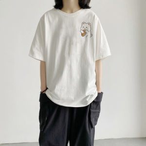 INS Japanese Style Super Popular Harajuku Biscuit Bear White Short Sleeve T-Shirt Female Pure Cotton Niche Design Half-Sleeved Loose Tops
