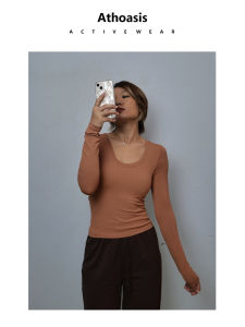 เสื้อโยคะแขนยาวทรงเข้ารูปเอวสูงเอวสูง Athoasis ผ้าไนลอน ดูดซับเหงื่อ ระบายอากาศได้ดี อบอุ่น ยืดหยุ่นสูง สำหรับผู้หญิง