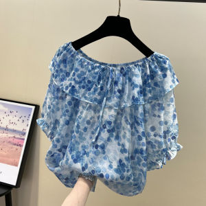 Floral Print Chiffon Top Womens Shoulder Bared Short Sleeve Cover Belly Loose Fit Korean Style Commute Suitable Summer Shirt