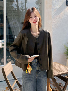 Café Brown Retro round Neck Short Leather Jacket Womens 2025 Autumn Small Size High-End Slimming Personality Leather Jacket