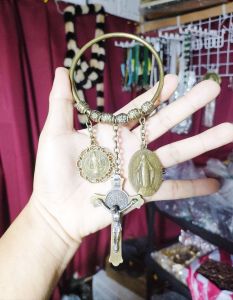 ST. BENEDICT EXORCISM CRUCIFIX FROM ITALY AND MIRACULOUS MEDAL OF THE BLESSED MARY FOR PROTECTION DOORCHIMES OBLONG AND CIRCLE ANTIQUE 3.5 INCHES CIRCUMFERENCE. w/ Free Gift Pouches