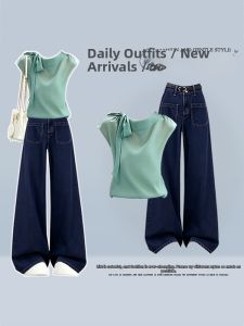 NUMEN BUTTON | Unique Charming Large Size Womens Clothing Set Bow Fresh Sleeveless Wide Leg Trousers