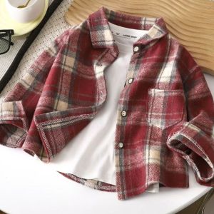 เสื้อเชิ้ตเด็กแขนยาว ลายสก็อต Cardigan style เสื้อเด็ก มีไซร์ 110-150 (พร้อมส่ง) .
