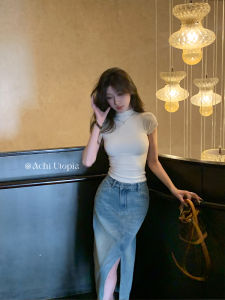Achi Light Blue 100% Cotton High-quality Denim Asymmetrical Long Straight Cut Half-length Skirt for Women Elegant Lady Style Knitted Jeans Skirt