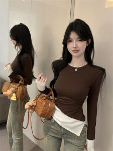 GUZILIAN | เสื้อยืดขนแกะสไตล์เกาหลีสำหรับผู้หญิงในฤดูใบไม้ร่วงและฤดูหนาว เสื้อยืดขนแกะแบบมีด้านล่างสองชิ้นที่ทำจากผ้าฝ้ายผสมโพลีเอสเตอร์