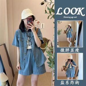 Summer Thin Denim Casual Style Womens Polo Collar Shirt And Elastic Waist Shorts Set Fashionable Two-Piece Suit for Ladies