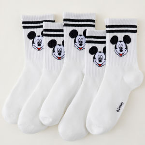 Disney | 5 Pairs of Korean Style Fashionable Cartoon Mickey Mouse Cotton Printed Mens Socks Fun and Cute Couple Striped Knitted Socks