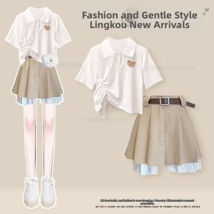 NUMEN BUTTON | Plus Size Youthful Rope-adjustment Short Sleeve Top & High-waist Skirt Set
