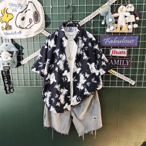 Japanese-Style Retro Tie-Dye Short Sleeve Printed Shirt Suit Mens Loose Fashion Brand Handsome Fried Street Casual All-Match Shirt Outwear