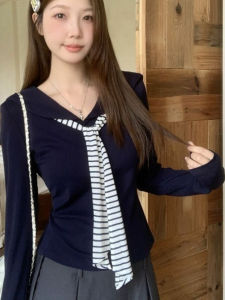 Áo Thun Nữ Dài Tay Ôm Vừa Vặn Cổ Thuyền Kẻ Sọc Mùa Xuân Thu Phong Cách Hàn Quốc Thiết Kế Mới Thời Trang Thường Ngày