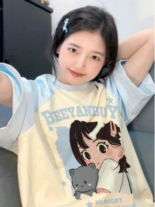 เสื้อยืดแขนสั้นบล็อกสี American High Street ไหล่ การ์ตูน พิมพ์ ลำลอง เสื้อท่อนบน สําหรับ ฤดูร้อน 2024 หลวม Fit