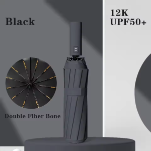 Automatic Open Close Folding Umbrella Windproof & Waterproof Compact Travel Umbrella with 12-Ribs for Men and Women Black Coat