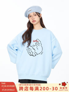 Hand-Drawn Cartoon Cat Blue round Neck Sweatshirt Womens Loose Style Age-Defying Couple Tops Outerwear Casual Streetwear