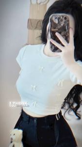 Áo Thun Nữ Croptop Tay Ngắn Đính Nhiều Nơ Chất Thun Co Dãn Ôm Body