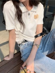 Summer 2025 Bear Pattern Drawstring Short Sleeve Polo Neck Casual Versatile Short Top Trendy T-Shirt Commute Style Korean Fit