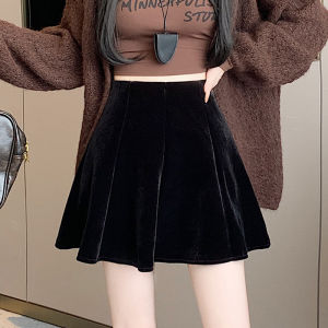 Black Thickened Velvet A-Line Mini Skirt Womens Autumn Winter Versatile High Waist Slimming Anti-Light Short Skirt