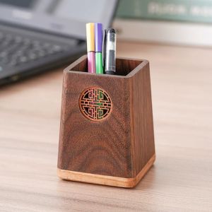ถ้วยใส่ปากกาไม้ Black Walnut Wood สำหรับโต๊ะทำงานในออฟฟิศ กล่องเก็บของไม้แท้ ความรู้สึกหรูหรา กล่องใส่ปากกาไม้